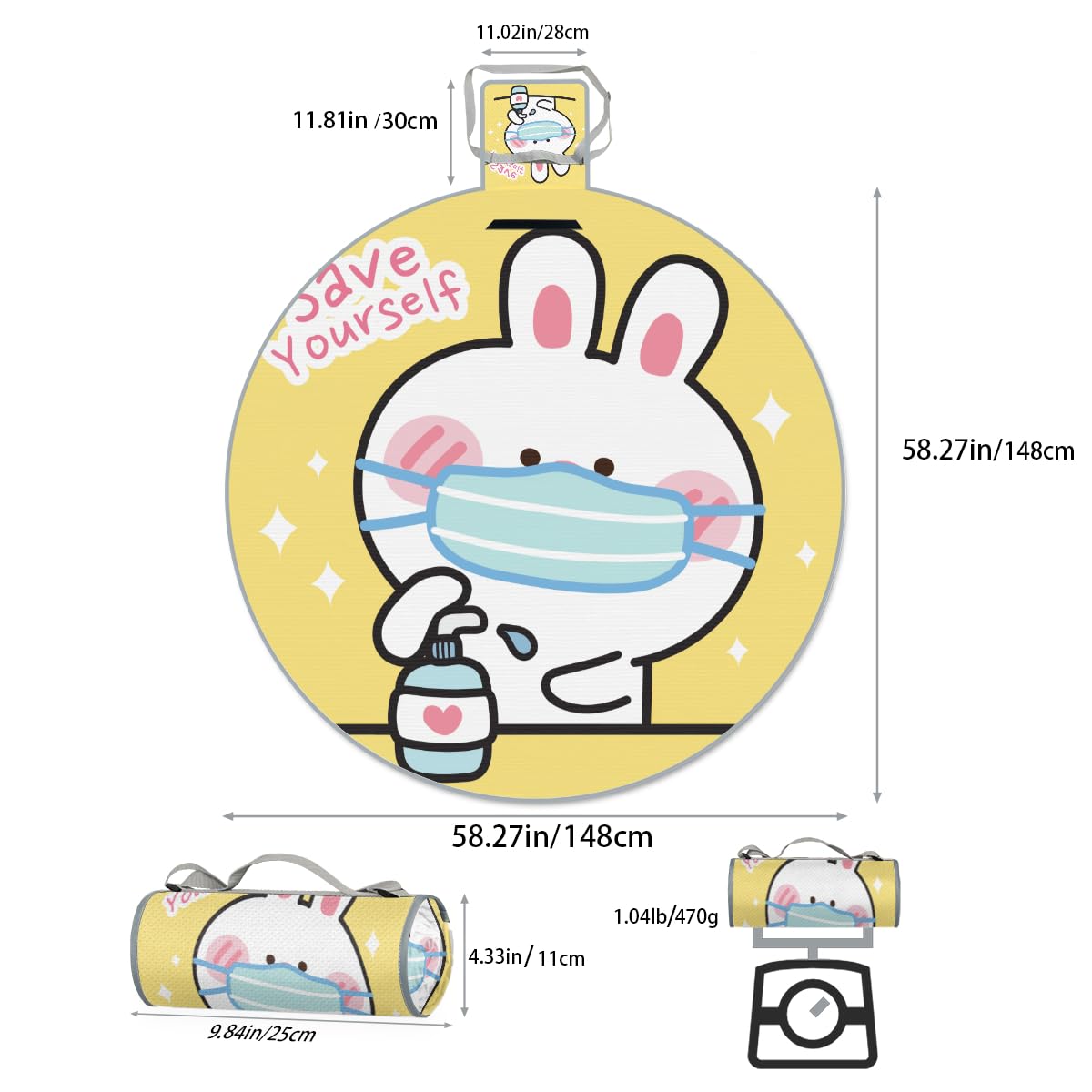 Shimoshe Masked Bunny Picnic Outdoor Blanket Foldable Waterproof Sandproof Beach Blanket Portable Water-Resistant Round Picnic Mat for Travel Camping Park Lawn