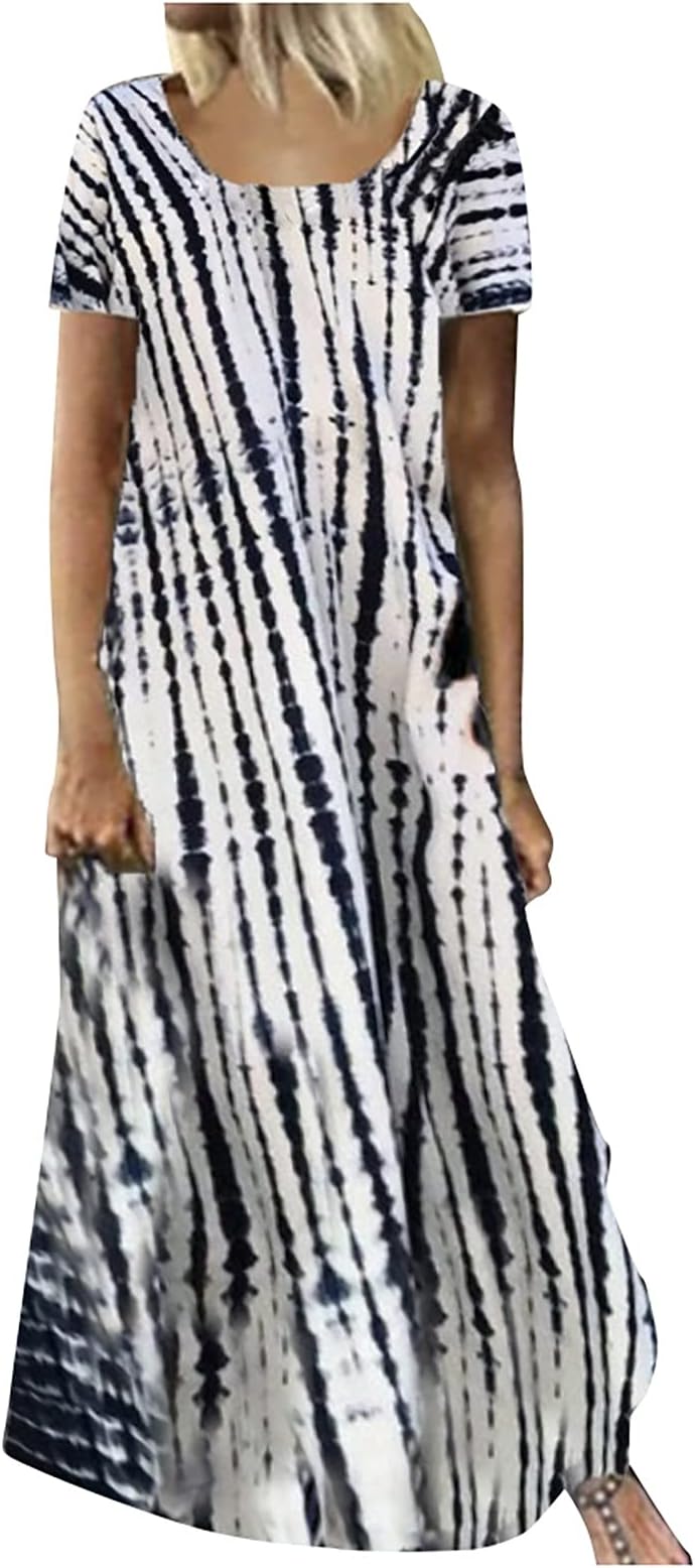 FIREROMaxi Dress for Women Casual Plus Size Floral Print Dress Cotton Linen O Neck Irregular Hem Loose Long Dress