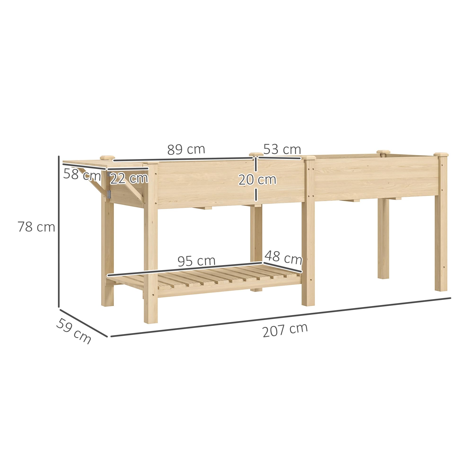 Outsunny Jardinière sur Pieds 2 Bacs 207 x 59 x 78 cm Bois Naturel | Carré Potager de Jardin sur Pieds, 2 Bacs avec Séparateur, Tablette Pliable, Potager Surélevé en Bois pour Fleurs