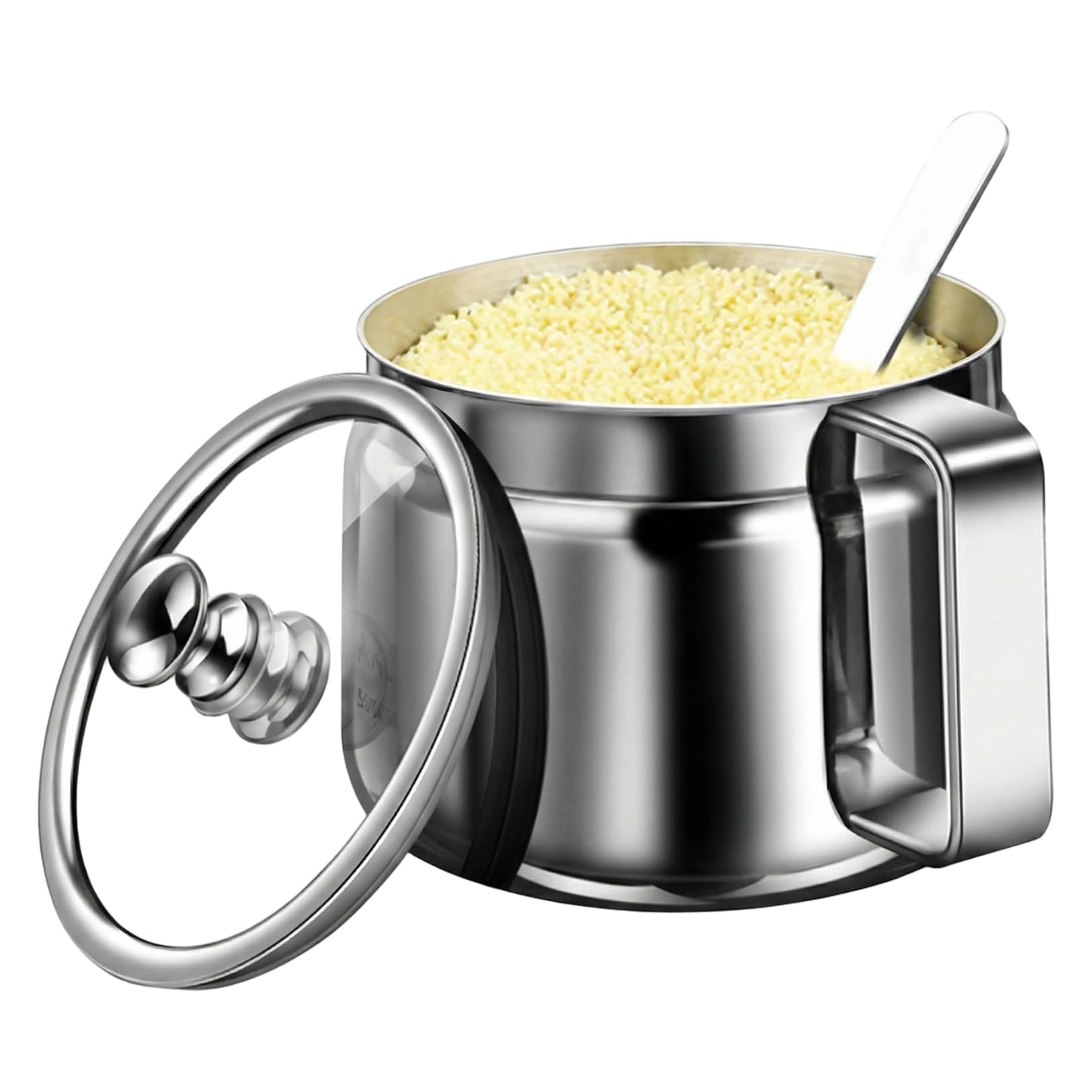 Bemonew Salt Container Ghee Container 500ml/17oz Stainless Steel Seasoning Containers with Clear Lid & Handle Spice Jars with Spoon for Home Kitchen