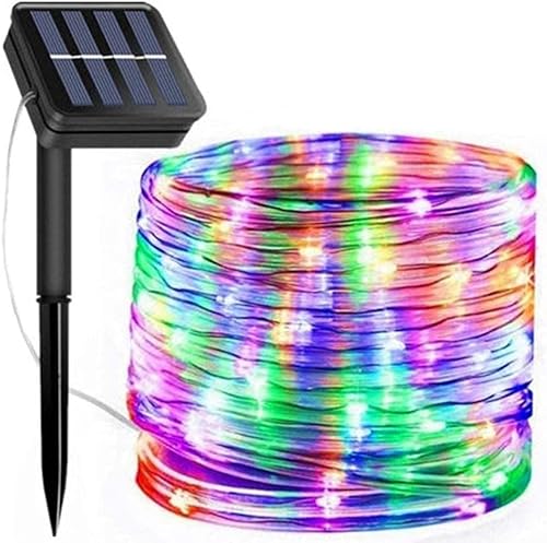 Suyoo Guirnalda de luces solares impermeables para exteriores, luces LED de Navidad, 12 m, 100 LED, 8 modos, tubo de luz para jardín, boda, fiesta, decoración de Navidad (multicolor)