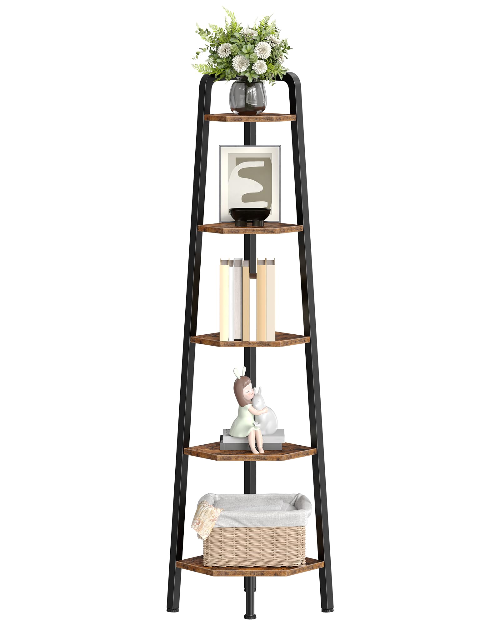 CHOEZON Corner Shelf, 5-Tier Ladder Corner Shelf, Corner Bookshelf, Tall Vertical Display Shelf, Open Shelf, Metal Frame, for Corner, Living Room, Study, Kitchen, Rustic Brown and Black DTCJ20BF