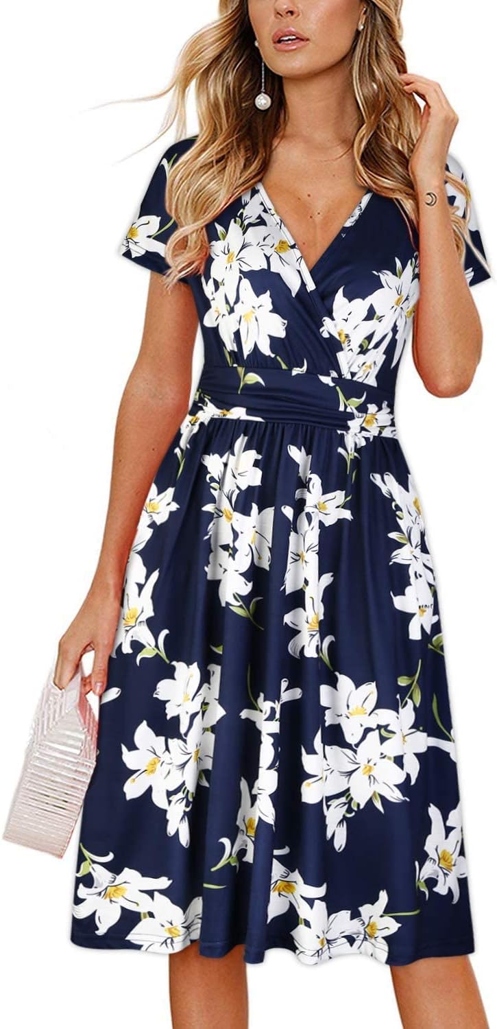Casual Summer Dress for Women Wrap V Neck A Line Midi Dresses with Pockets