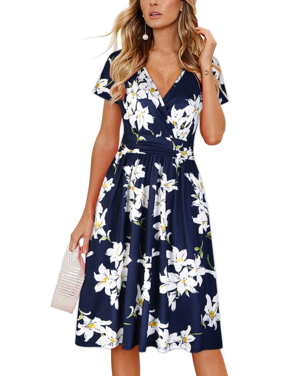Casual Summer Dress for Women Wrap V Neck A Line Midi Dresses with Pockets