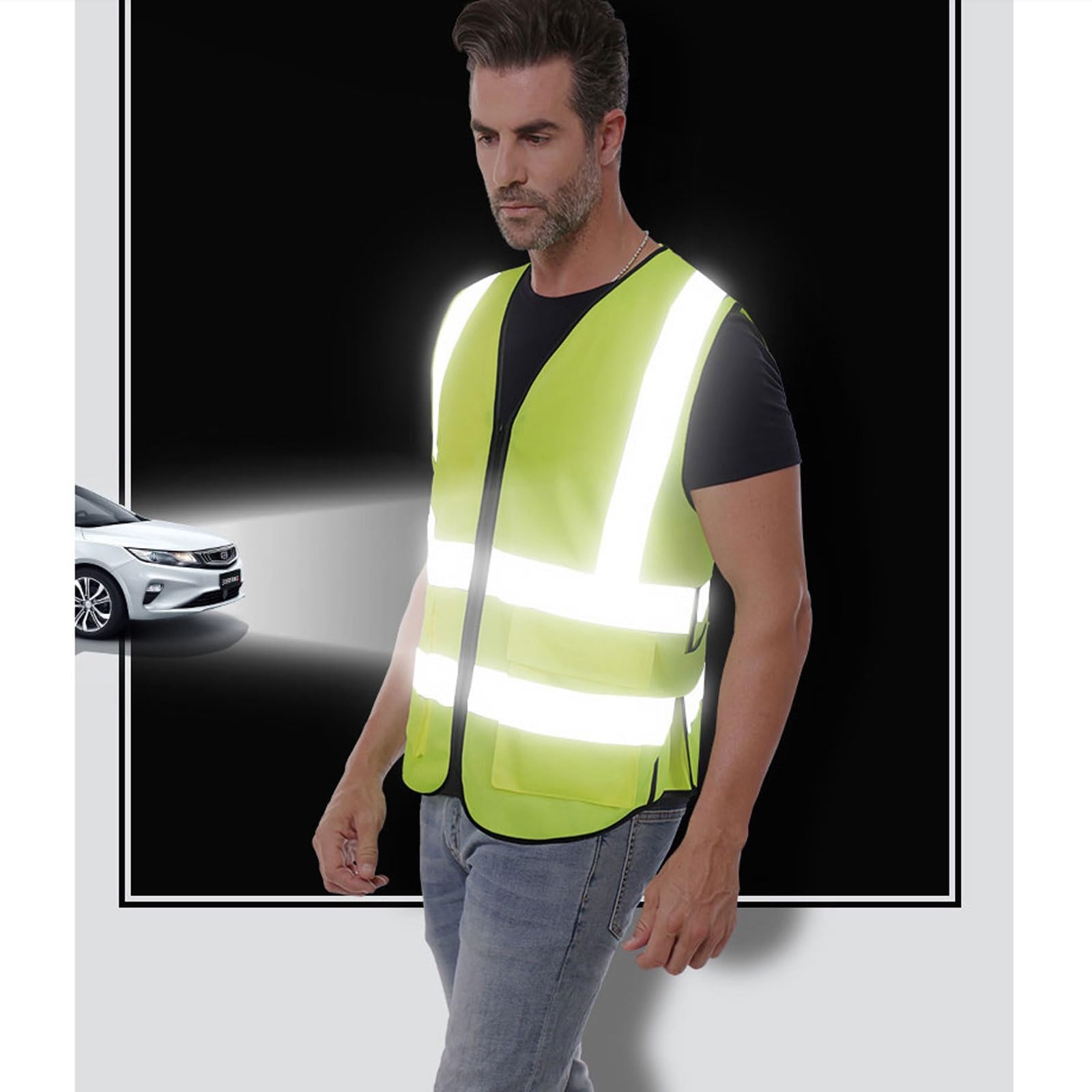 Chaleco reflectante ajustable for hombre y mujer, chaleco de seguridad de alta visibilidad con múltiples bolsillos y cremallera, ropa de trabajo. chaleco reflectante