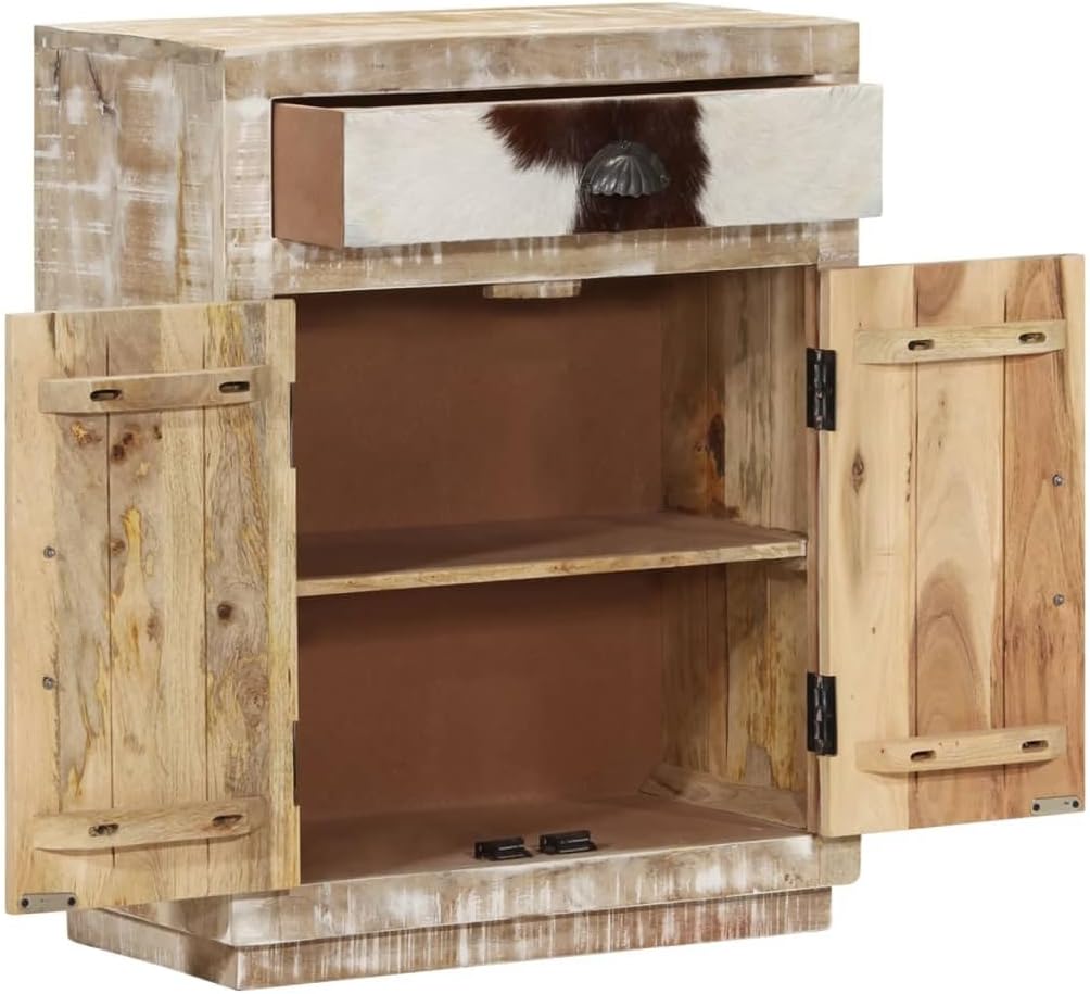 Rustic Solid Mango Wood Sideboard with Drawer, 3 Compartments for Spacious Storage, Natural Wooden Buffet Cabinet for Dining Room Entryway