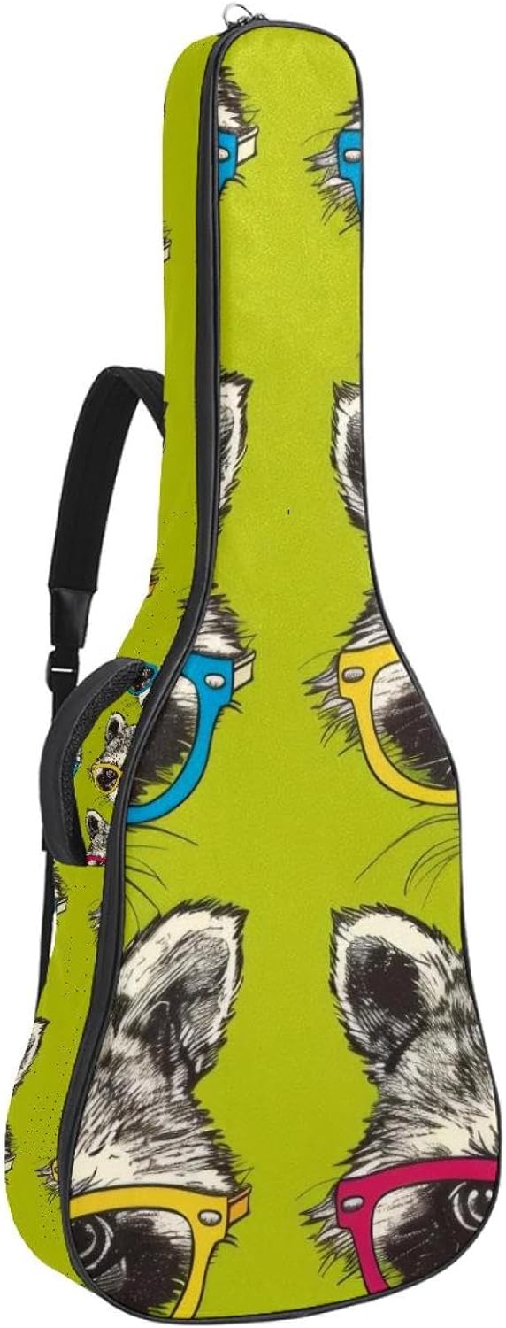 Acoustic Guitar Gig Bag 1 cm Thick Padding, Waterproof Electric Guitar Bag 40-42 Inch Guitar Case Backpack with Dual Shoulder Strap, Heads of Cute Raccoons in Colored Glasses