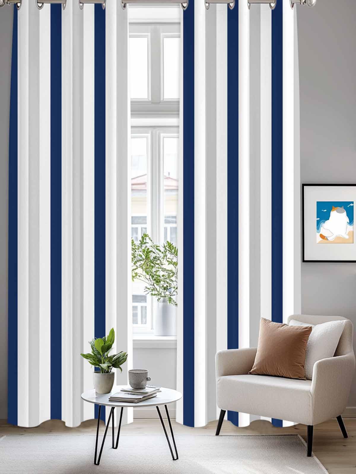 Navy Blue Stripe Window Curtains Panels with Silver Grommet,Geometric Grey White Vertical Striped Kitchen Cafe Curtain Draperies Window Treatment Set for Living Room/Bedroom/Bathroom/Cafe,84x84