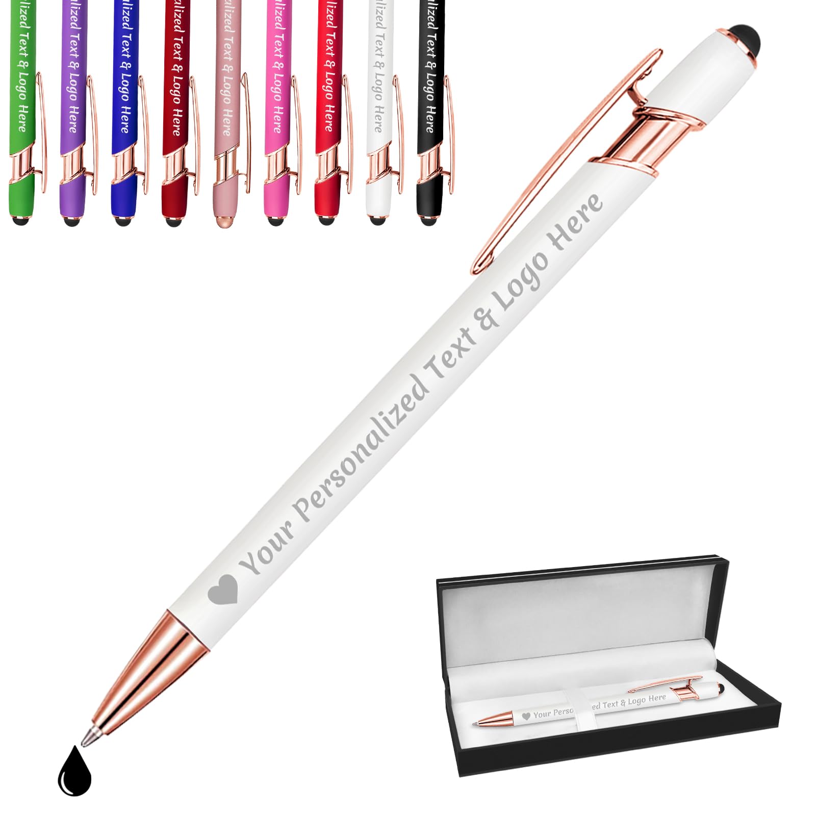 STREADVE Personalised Pen Add Your Own Logo Name Pens Engraved Customised Ballpoint Pen Writing Stylus Pen Custom Church Communion Gift Unique Present, White
