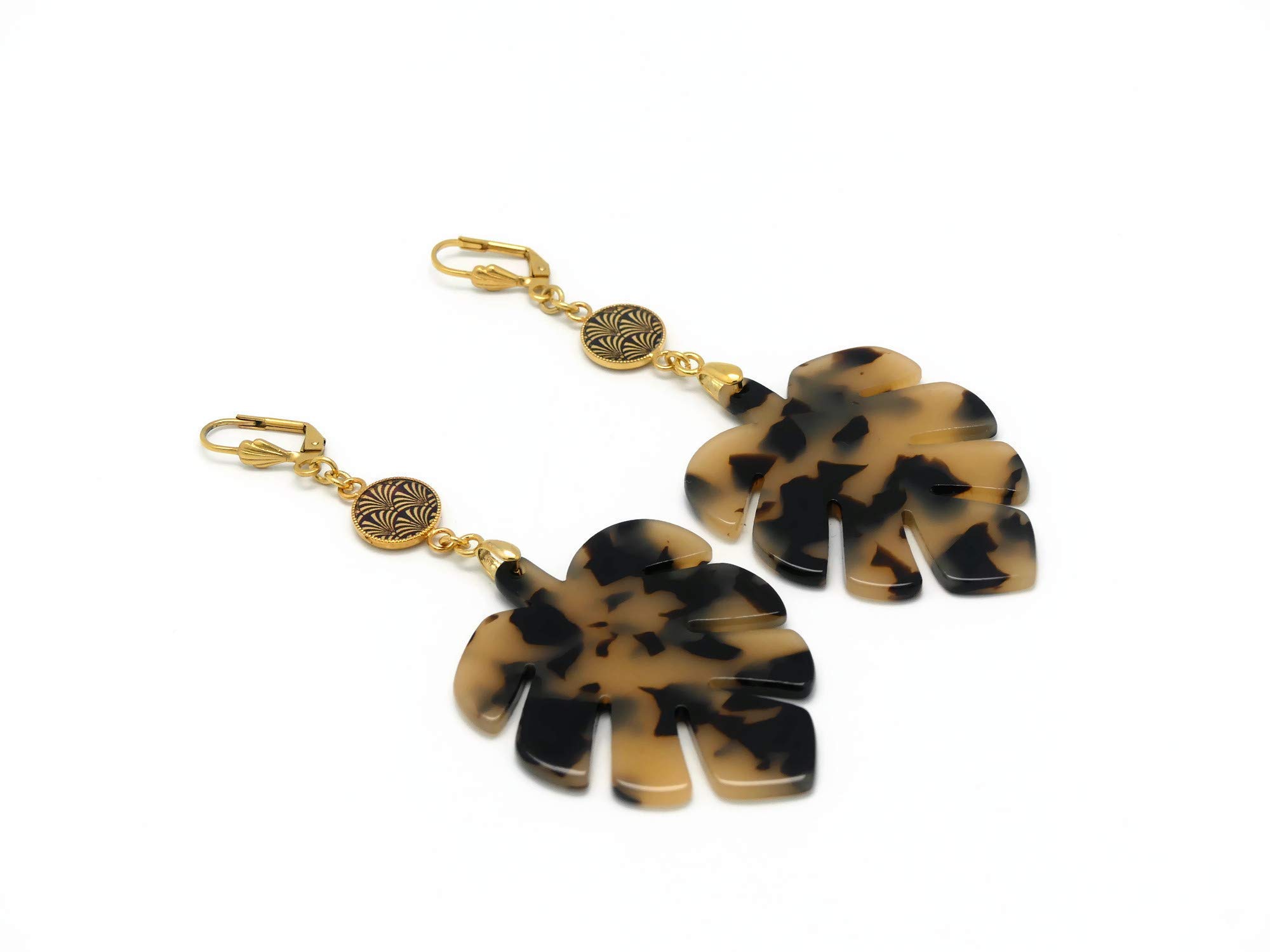 Pendientes MONSTERA DELICIOSA latón 24 quilates hoja de oro filodendro marrón resina regalos ceremonia de aniversario de Navidad invitados boda parejas día de la madre