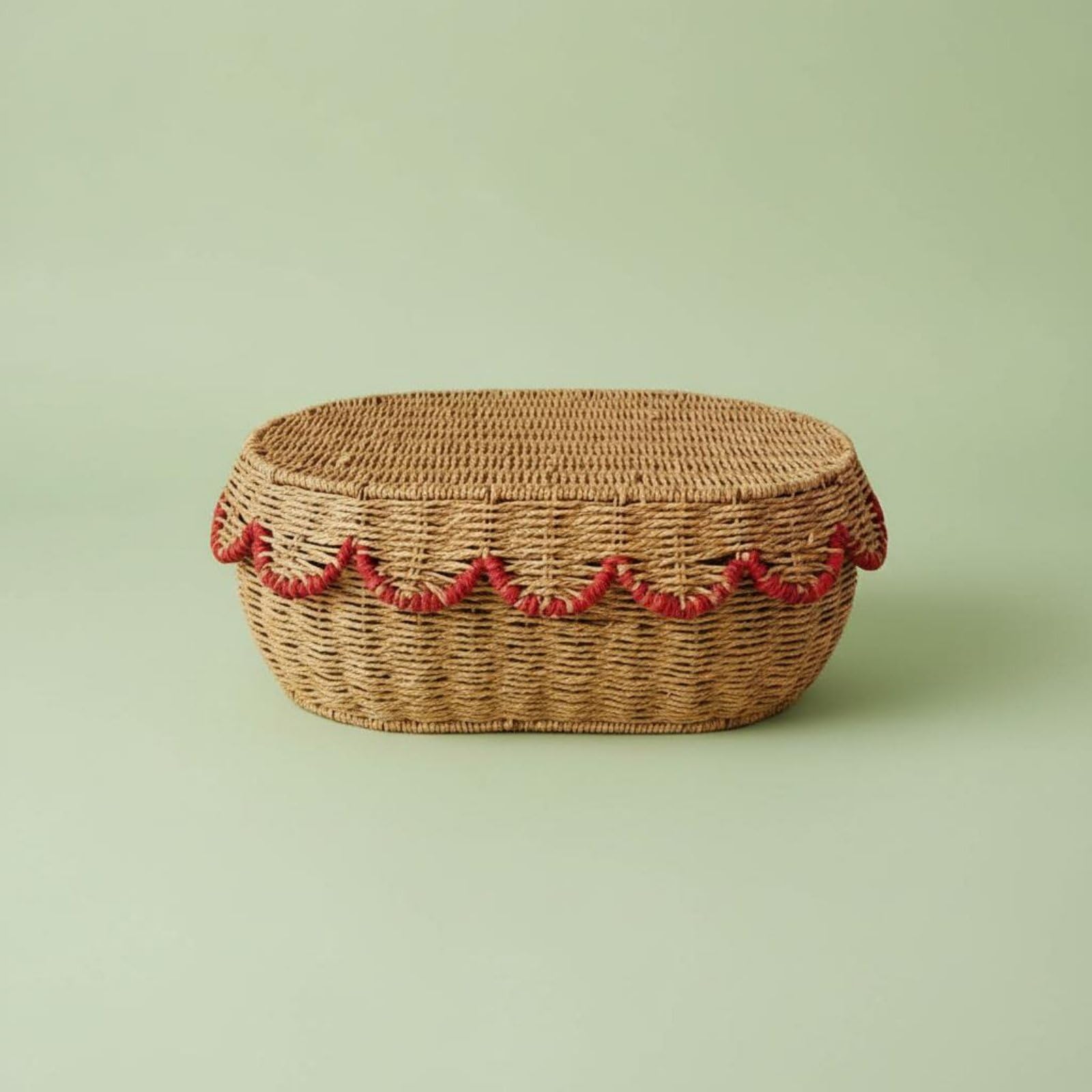 Cestino con Coperchio Cestino Portatutto Scatola Contenitore Cesto Intrecciato Organizer in Corda di Carta con Supporto in Acciaio Adatto per Riporre, Rosso, L 42x31x16cm