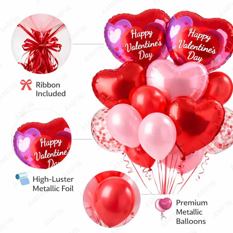 Image of AMFIN (Pack of 14) Happy Valentine's Day Balloon Decoration Set | Romantic Heart Foil Bouquet Metallic Helium Bunch Proposal Anniversary Celebration Party Decor - Red Purple