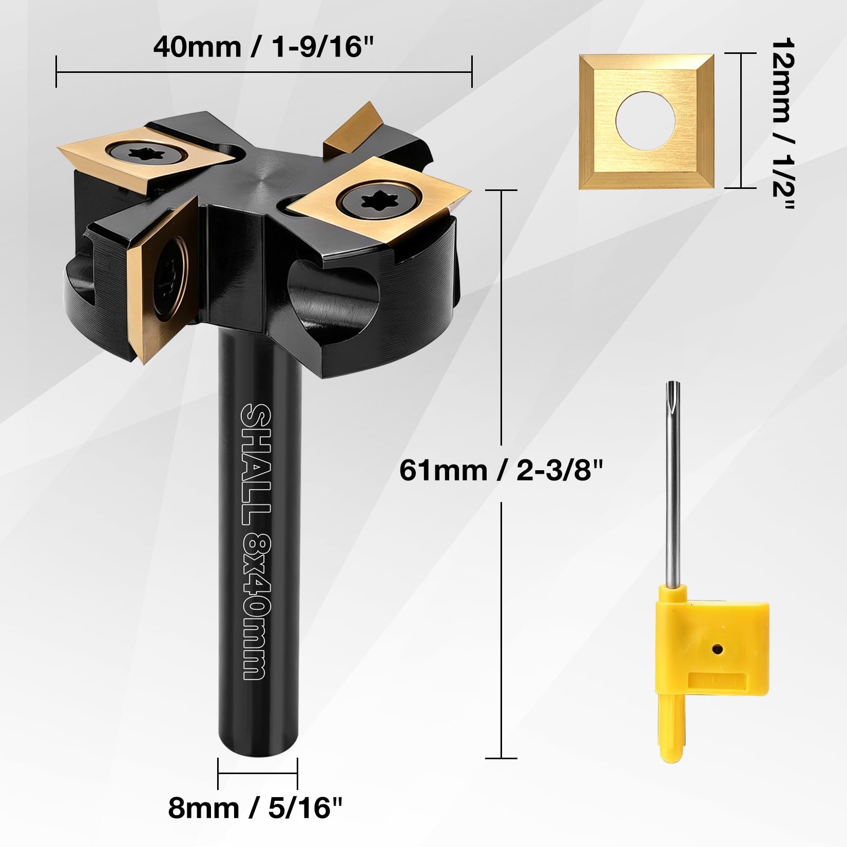 SHALL Fresa Spoilboard 8 mm , fresa per legno CNC, diametro di taglio 40 mm, con 4 piastre reversibili in metallo duro intercambiabili, adatta per il trattamento superficiale di lastre