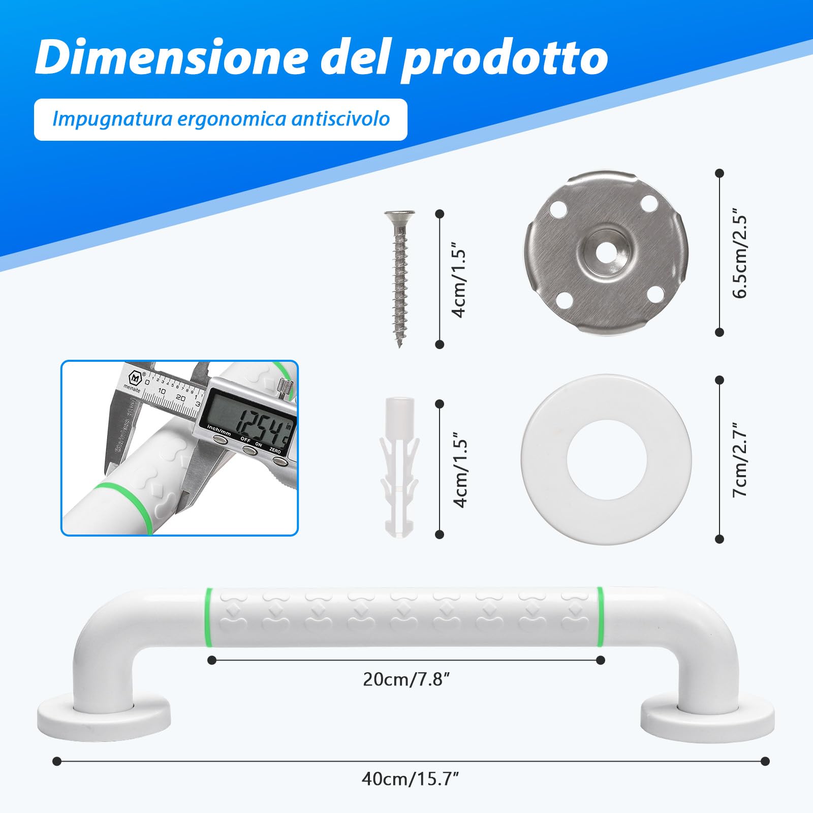 Fanwer 2 maniglioni per vasca con impugnatura antiscivolo e cerchi luminosi di sicurezza, maniglia da 40 cm in acciaio inossidabile per vasca, maniglia da parete per doccia con portasciugamani.