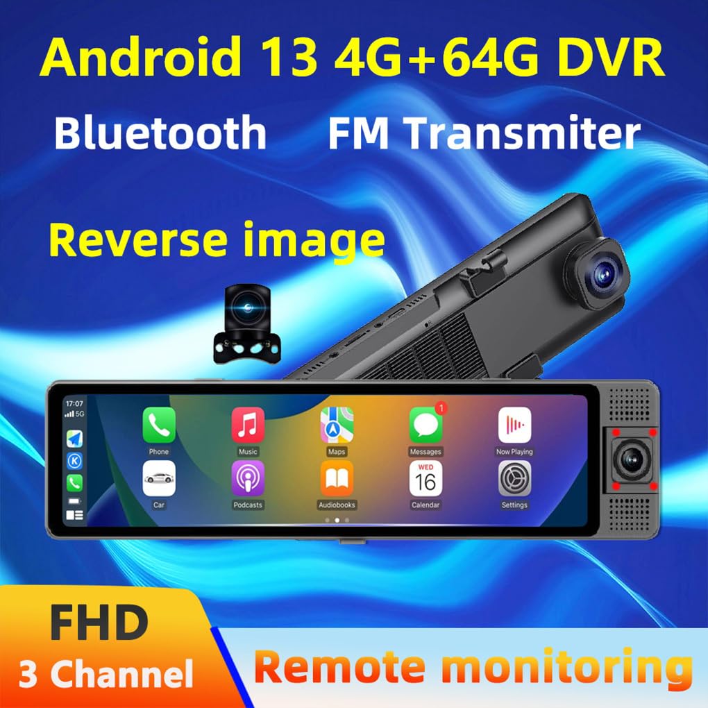 Cámara de salpicadero para Coche DVR de 3 Canales con 12 cámaras, grabación HD 1080P, Espejo retrovisor, de estacionamiento 24 Horas, 4G, Android