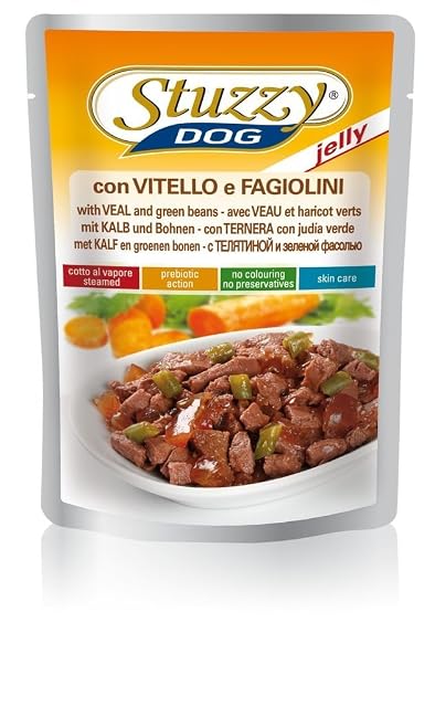 Stuzzy, Alimento Húmedo para Perros Adultos con Ternera Y Judías Verdes, Bocaditos (24 Bolsas De 100g)
