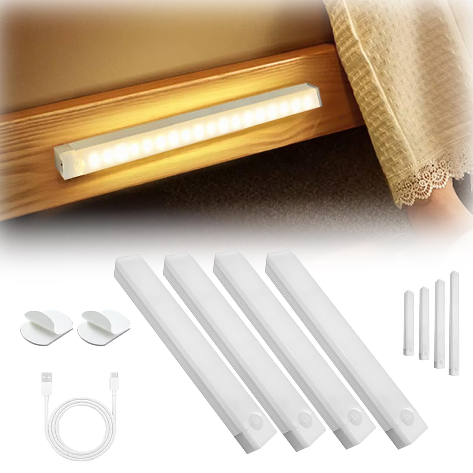 Punch-Free Smart Sensor Magnetic Rechargeable LED Lights, Motion Sensor Light Indoor, Human Body Intelligent Sensor Light, for Bedroom, Kitchen, Cabinets (4Pcs Warm, 10cm/3.94in)