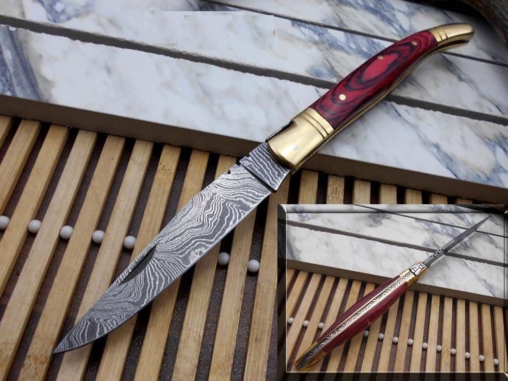 Laguiole Folding Damascus steel knife, 8.6" Long with 4.1" hand forged custom twist pattern Blade. 2 Tone Green wood scale with brass bolster. Cow hide leather sheath included (Red)