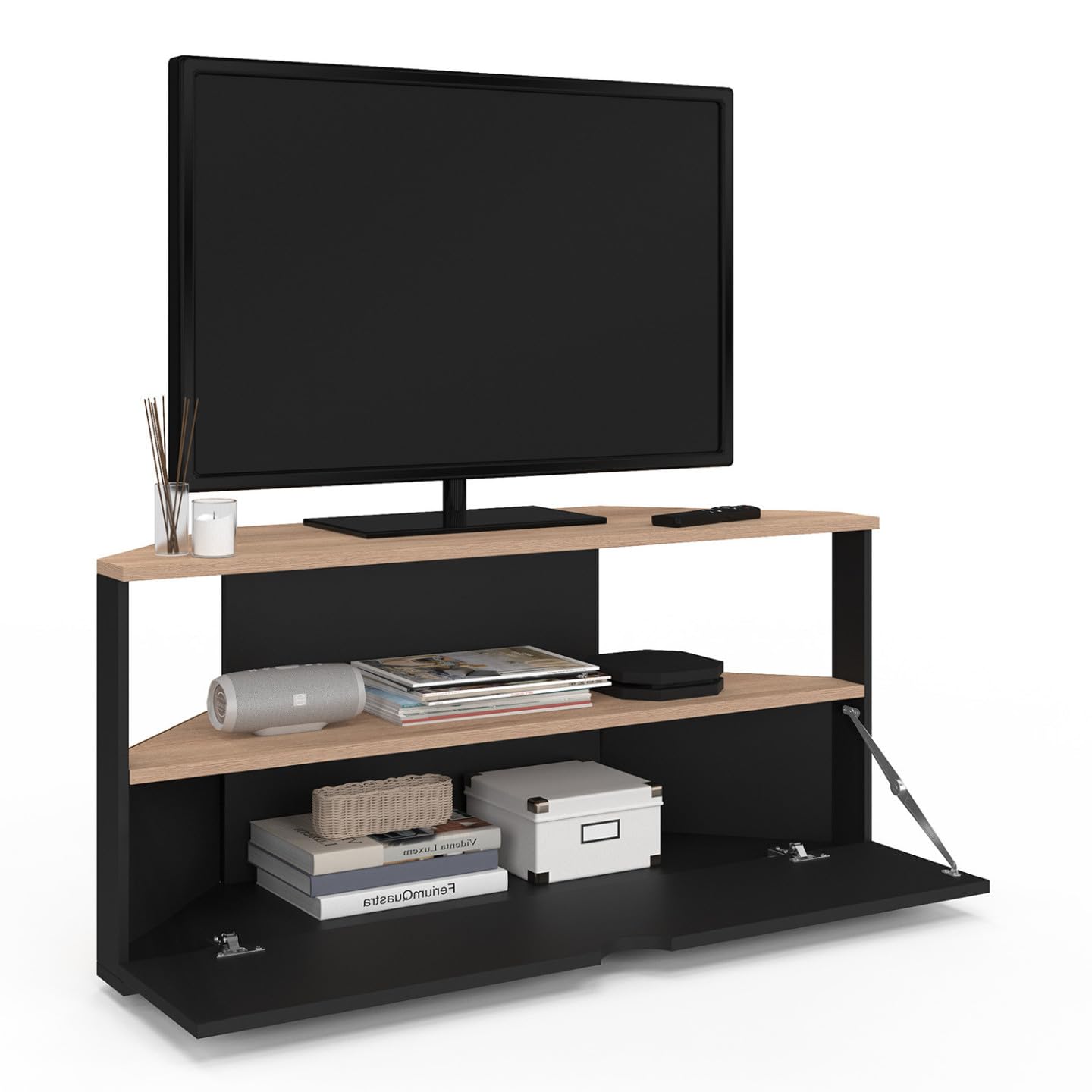 IDMarket - Meuble TV 100 cm d'angle ELI Bois façon hêtre et Noir