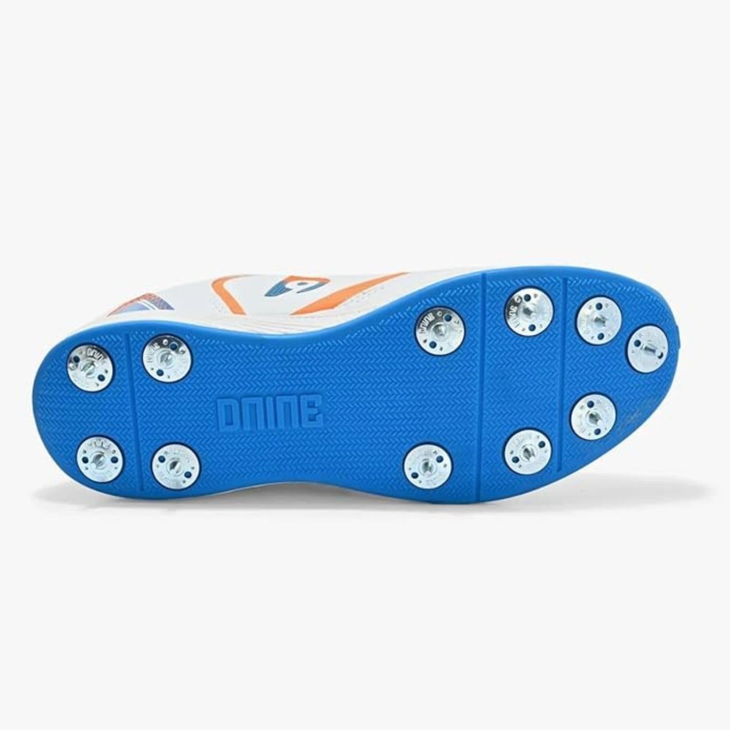 DNINE Thunder Cricket Shoes, Metal Spike, White/Orange/Blue, PU Leather Upper, EVA Midsole-6UK 2