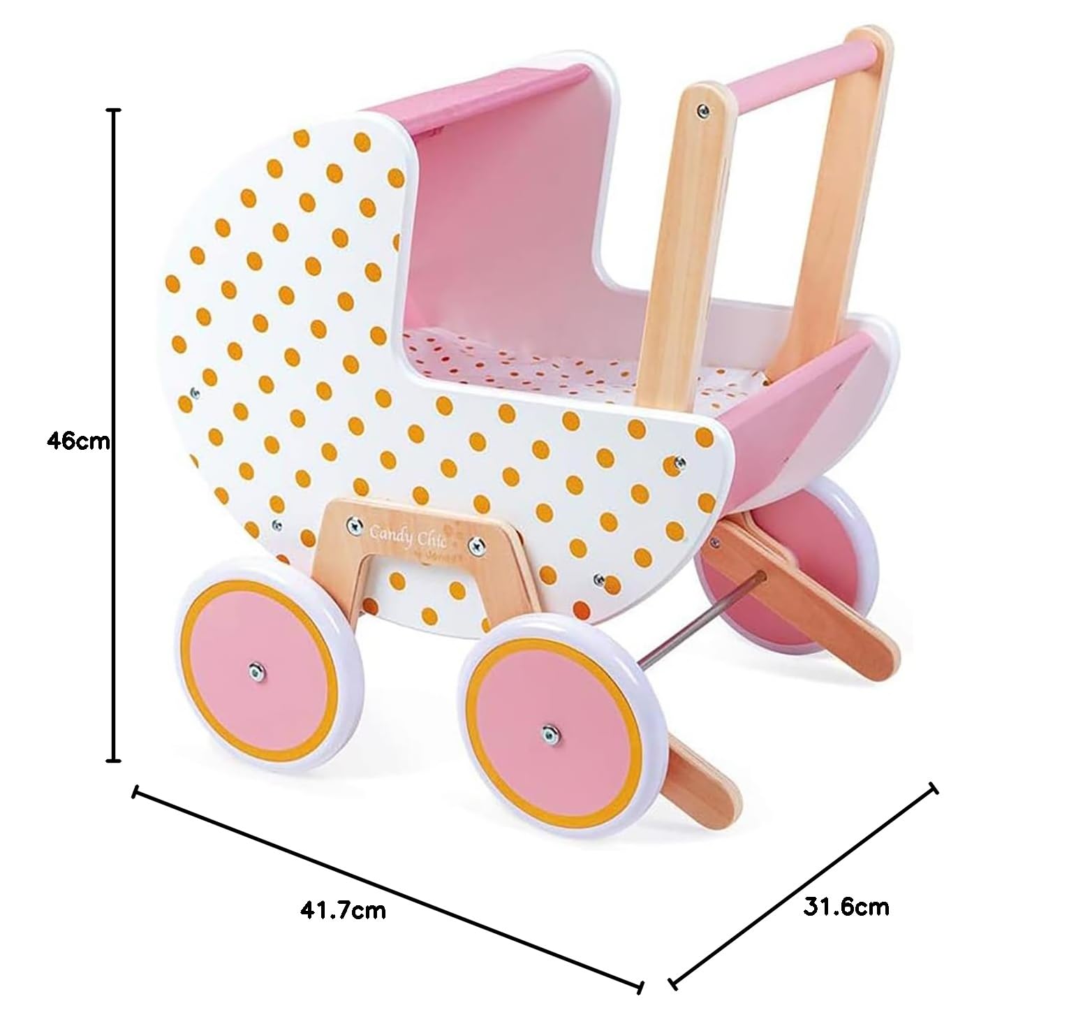 Janod - Holz Puppenwagen ‘Candy Chic’ - Kinderwagen mit Kissen und Decke - Abnehmbares Kippschutz System - Leise Gummiräder- Mit Babyzubehör - Ab 18 Monaten, J05886