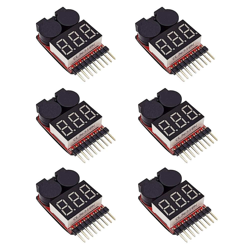 Haldzemo 2in1 1-8s Lipo Battery Voltage Tester RC Low Voltage Buzzer Alarm Battery Use for 1-8s Lipo Li-ion LiMn Li-Fe (6 Pack)