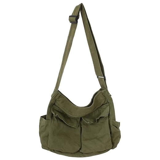 KlaOYer Canvas Messenger Bag Large Hobo Bag School Crossbody Shoulder Bag Tote Bag with Pocket for Women and Men (Green)