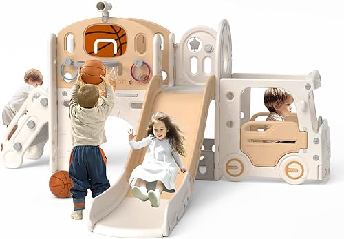 67i Tobogán infantil para niños pequeños a partir de 1 año en adelante, tobogán para bebés en interiores y exteriores, con aro de baloncesto