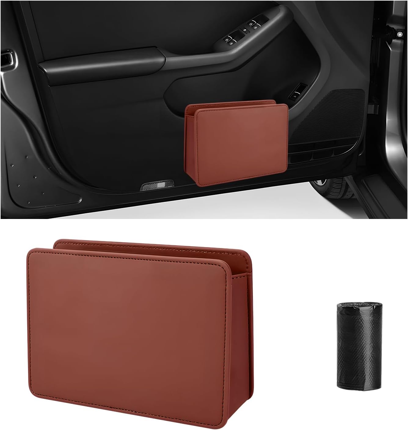Car Trash Can, Foldable Auto Dustbin Mini Garbage Can with One Roll Trash Bag, Waterproof Door Hanging Storage Organizer Leather Waste Container for Cars Trucks SUVs (Brown)