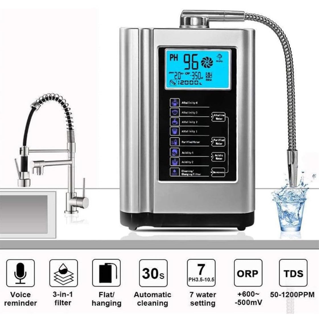 Ionizzatore d'acqua alcalina PH3.5-10.5 Generatore di idrogeno Purificatore Macchina LCD da 3,8 pollici Filtro per acqua potabile acida alcalina domestica, con 8000 litri per filtro,Silver