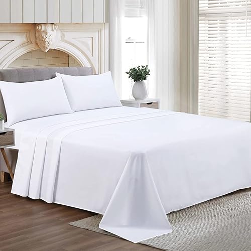 Miniatura 2 de Juego de sábanas de 600 hilos de 4 piezas, planas, bajeras y fundas de almohada, tamaño King, color blanco, 21 pulgadas de longitud de caída, lisas,