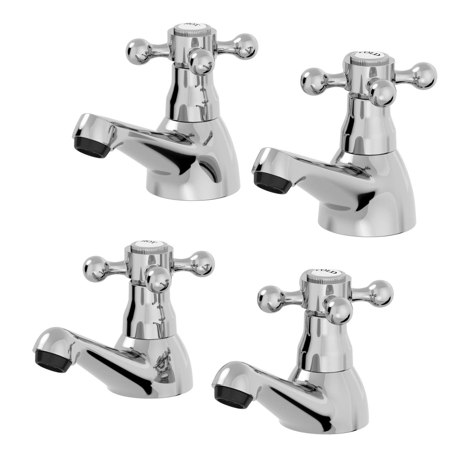 Park Lane® Oxford Bathroom Basin Taps and Bath Pillar Tap Set Pair Round Single Crosshead Handle Traditional, Chrome