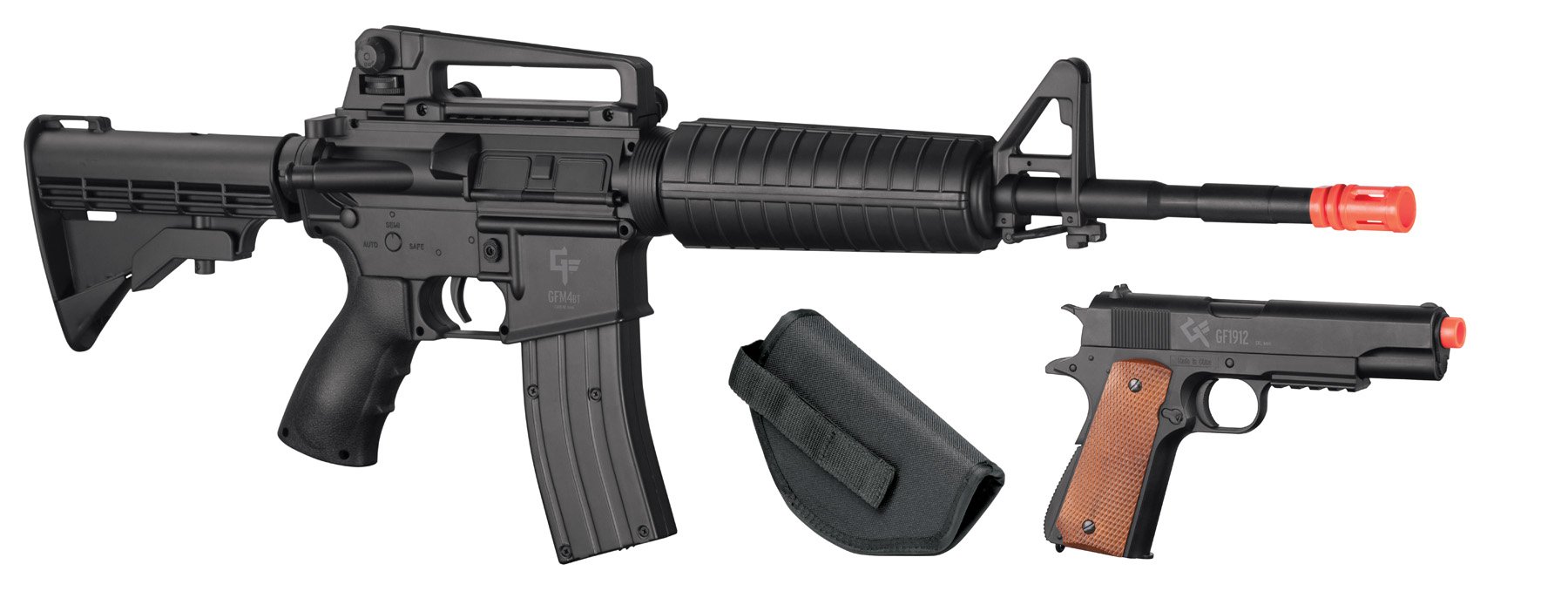 GameFace 52003 Defender Strike Airsoft Kit With Electric Full/Semi-Auto Airsoft Rifle And Spring-Powered Single-Shot 1911 Airsoft Pistol, Holster And Ammo , Black