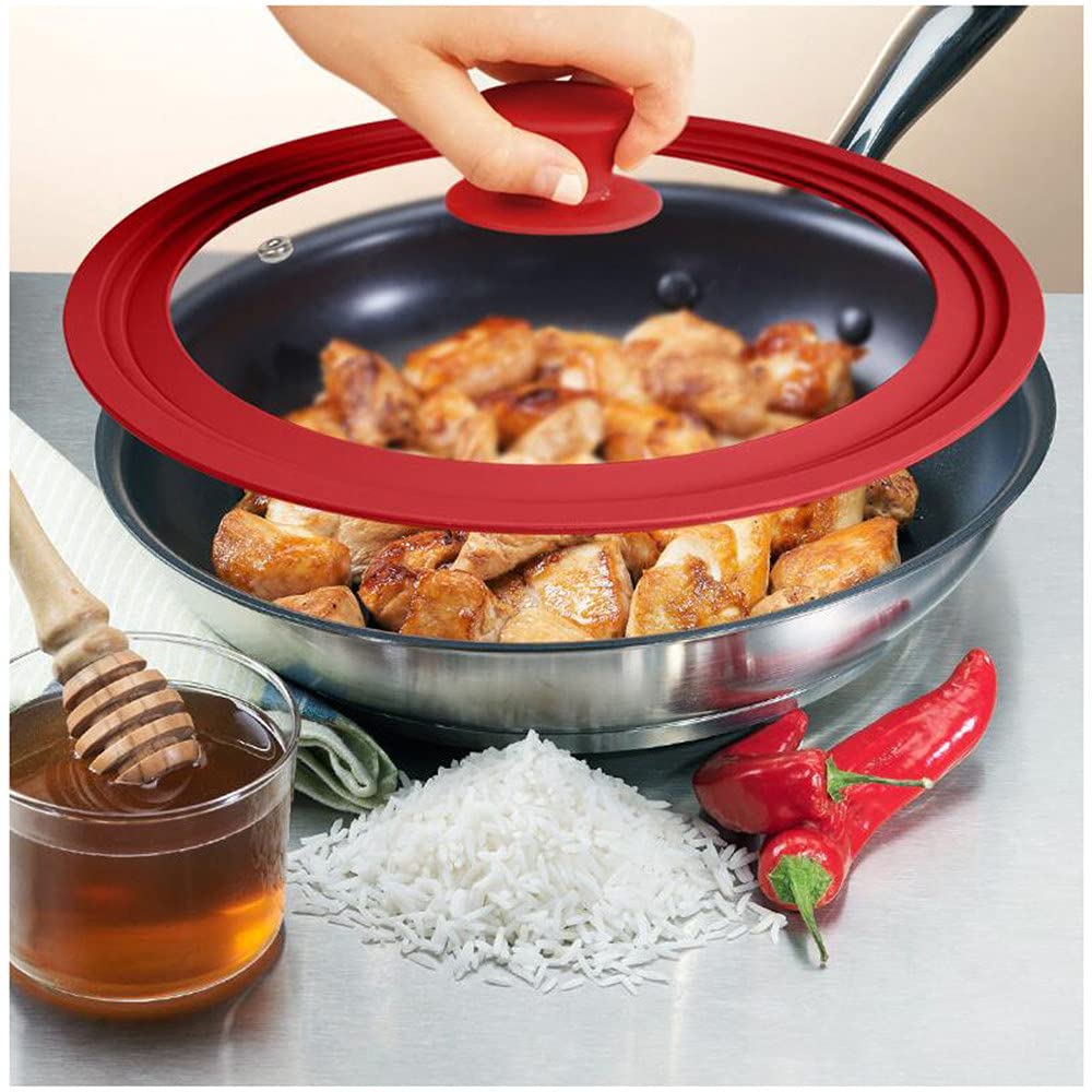 Tapa Sarten, Tapaderas Para Sartenes 28-30-32 cm Sartén con tapa Multifuncional Tapa de vidrio Wok Pan Lids Cubiertas silicona(Red lid,24-26-28cm)