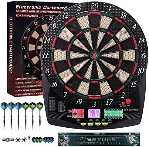 Electronic Dart Board, Soft Tip Dartboard Set with 6 Darts 50 Soft Tips, LCD Display, Power Adapter, Throw Line