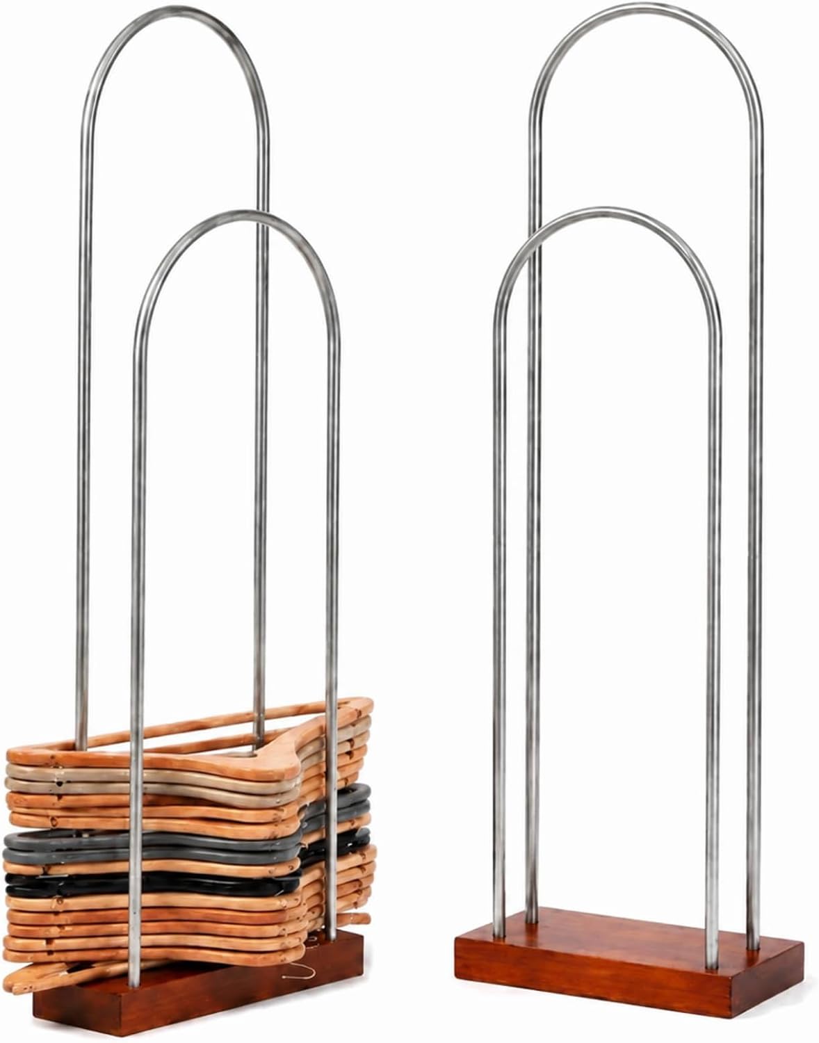 Hushee 2 Pack Large Hanger Stacker Organizer Stand, 45" H | Holds 80-100 Hangers, Stainless Steel Clothes Rack Storage with 1.57" Thick Wood Base, Closet Laundry & Retail Clothing Store