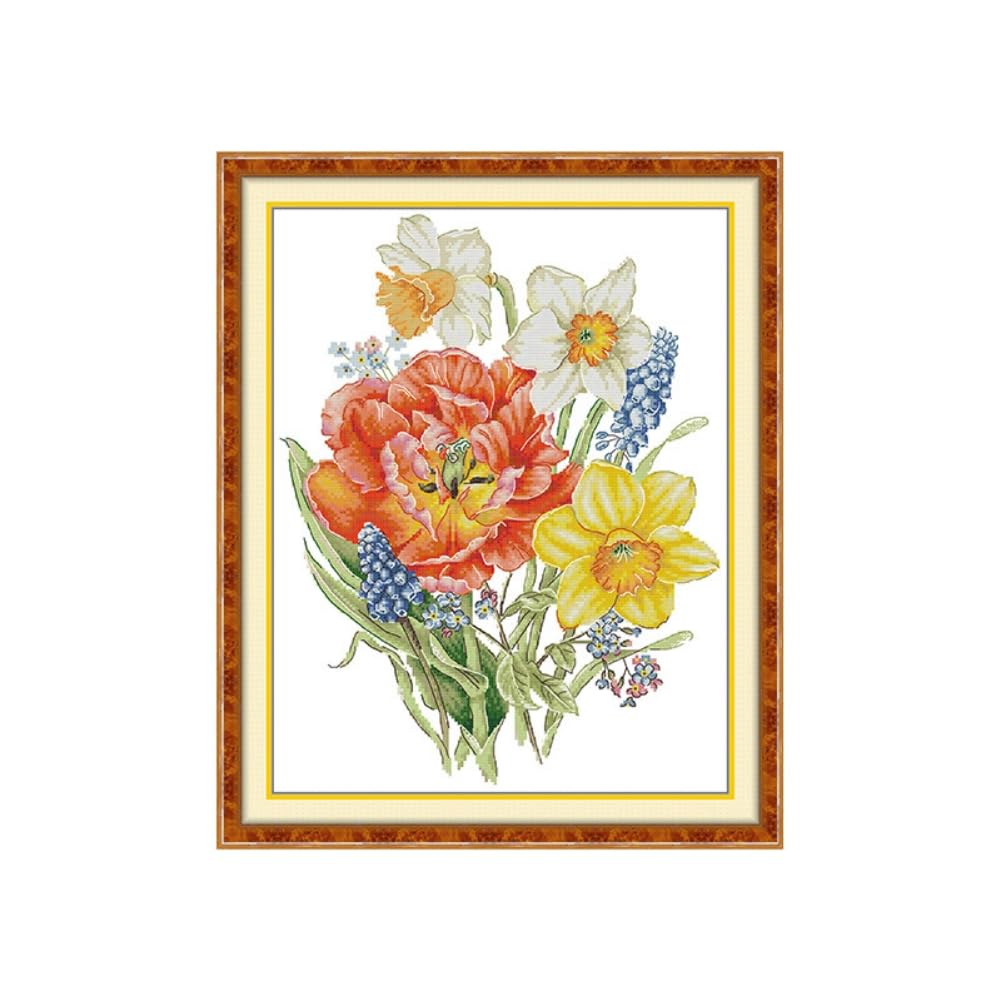 Zleiubisa Floral DIY Cross Stitch Art Craft 34x43cm Fabric with Accessories, 14ct Pre Printed Stamped Embroidery Kits for Adults Beginners (Flower Bouquets)