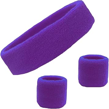 Kenz Laurenz Cotton Sports Sweatband and Headband Set, Terry Cloth Wristband Moisture Wicking, Absorbing Head Band Athletic Exercise Basketball Wrist Sweatbands, Purple - Fits Most
