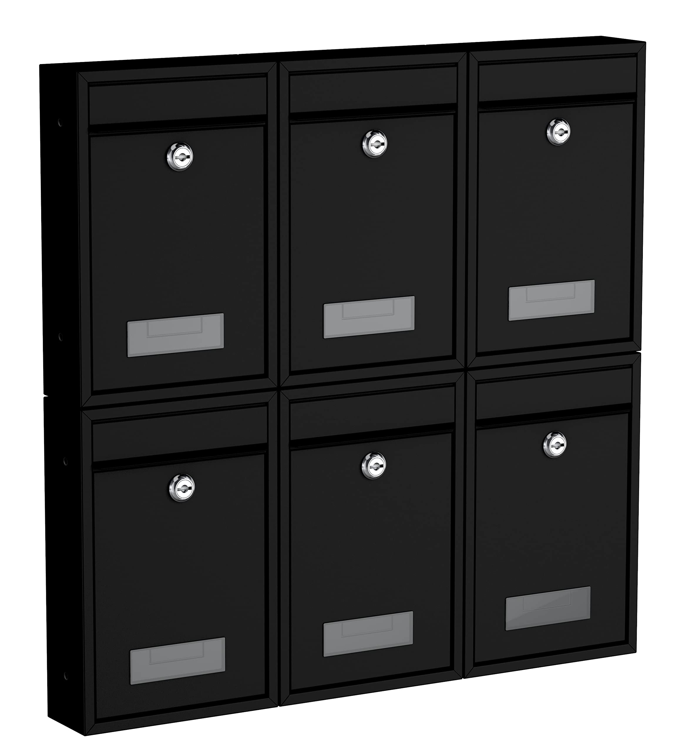 BASI Juego de 6 buzones de pared de acero, color negro mate, con placa para nombre, cerradura cilíndrica con 2 llaves cada una, incluye material de fijación, sistema de buzón, 6 unidades