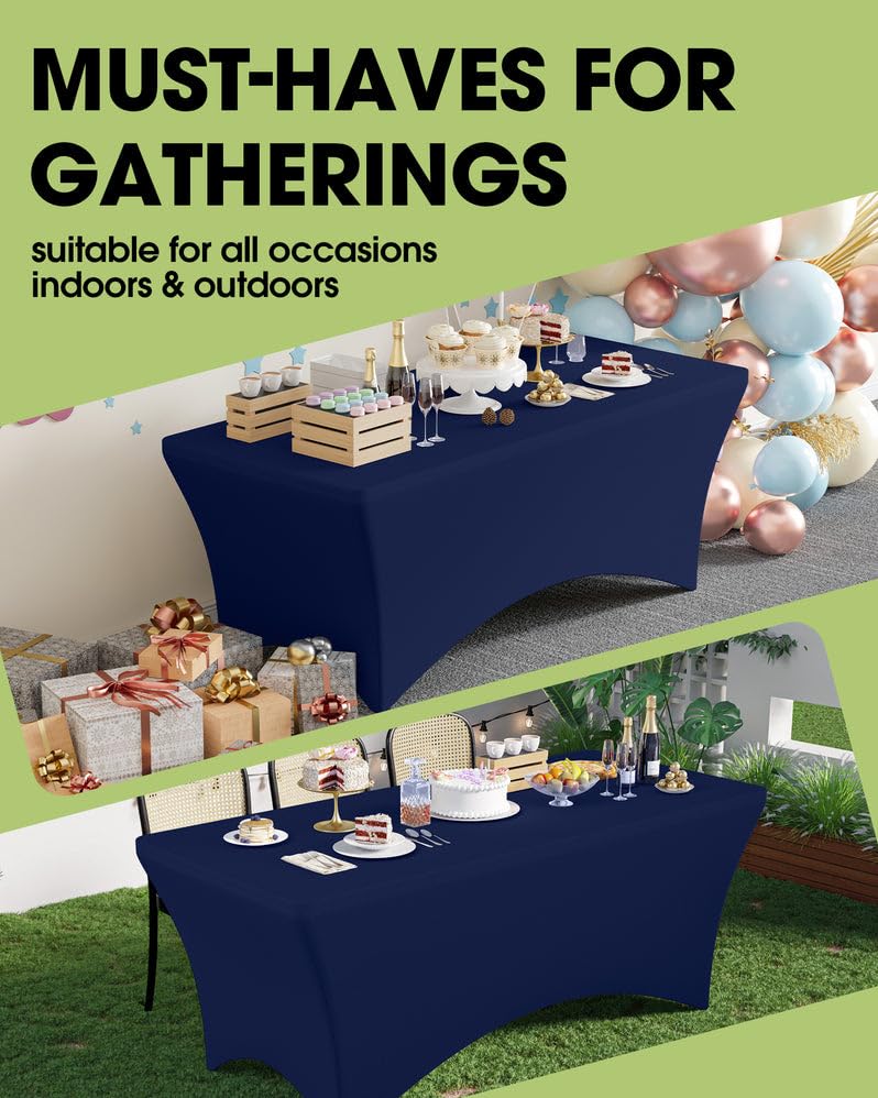 Image of Pureegg Spandex Tablecloth 6ft - 2 Pack, Fitted and Tight Cloth for Rectangle Table, Wrinkle-Free and Stretch Table Cover for Party, Wedding, Banquet and Birthday, Navy Blue