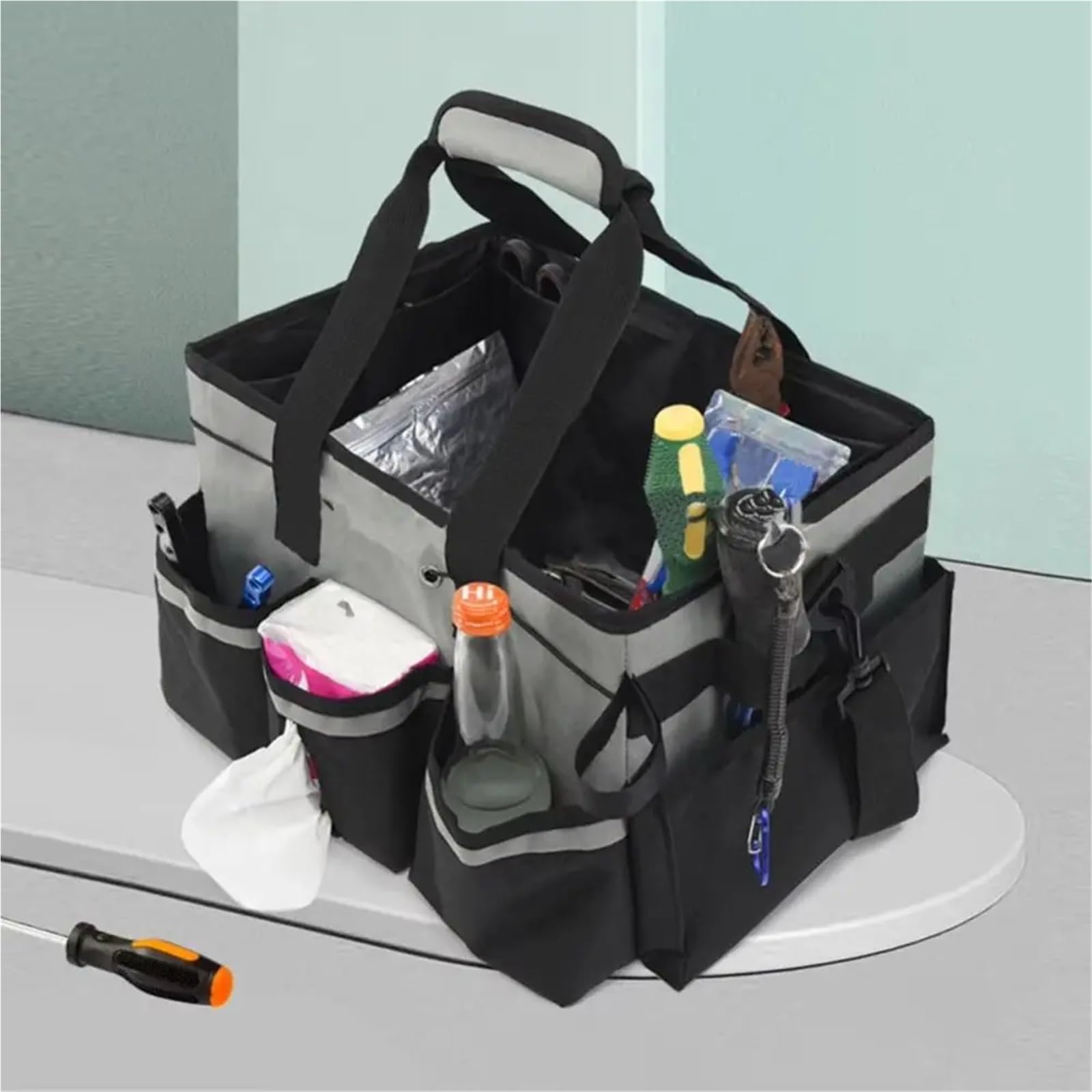 Reinigungs-Caddy-Tasche Verstellbare Schultergurte Aufbewahrungstasche for Reinigungswerkzeuge Oxford-Stoff mit Mehreren Taschen Werkzeugtasche for Elektriker Große Kapazität Weite Öffnung(Black)