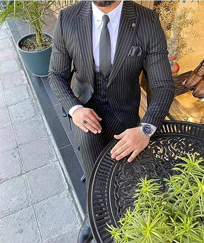 SUZHIMO Men's Pinstripe Suit 3 Piece Slim Fit Suit Tuxedo Jacket Vest Pants Suit for Business Wedding Prom4