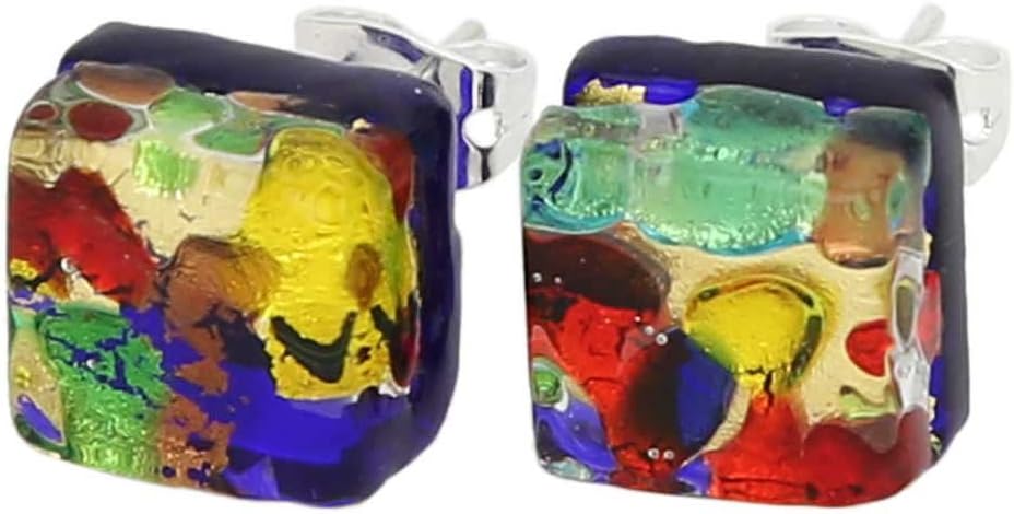 Glass of Venice Murano Glass Earrings With Italian Lampworked Beads - Multicolor Square Stud Handmade Blown Glass Earrings for Women