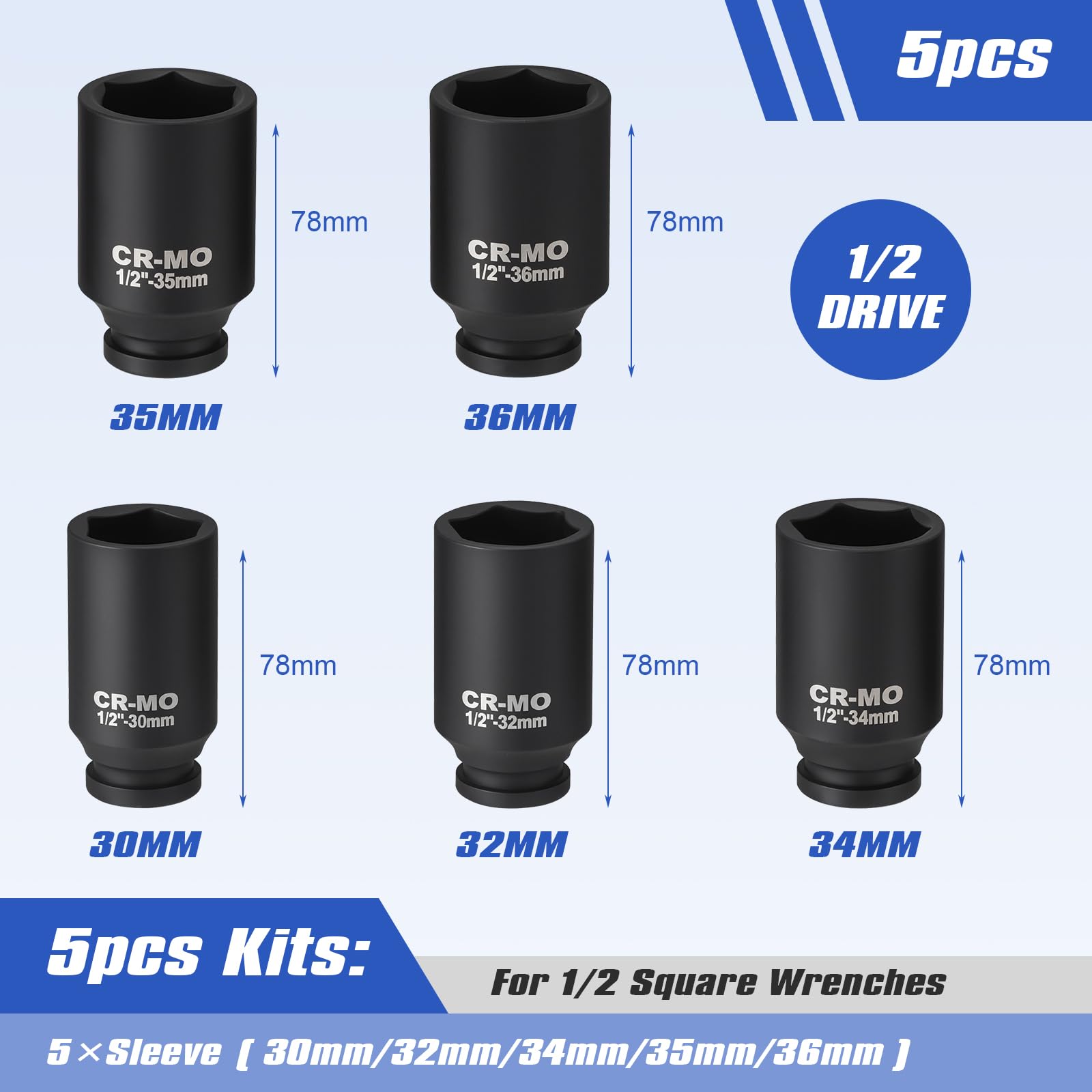 Juego de 5 llaves de impacto de 1/2 pulgadas 30/32/34/35/36 mm, juego de llaves de vaso de impacto, tuercas de impacto de acero al cromo vanadio, juego de llaves de vaso de 6 cantos