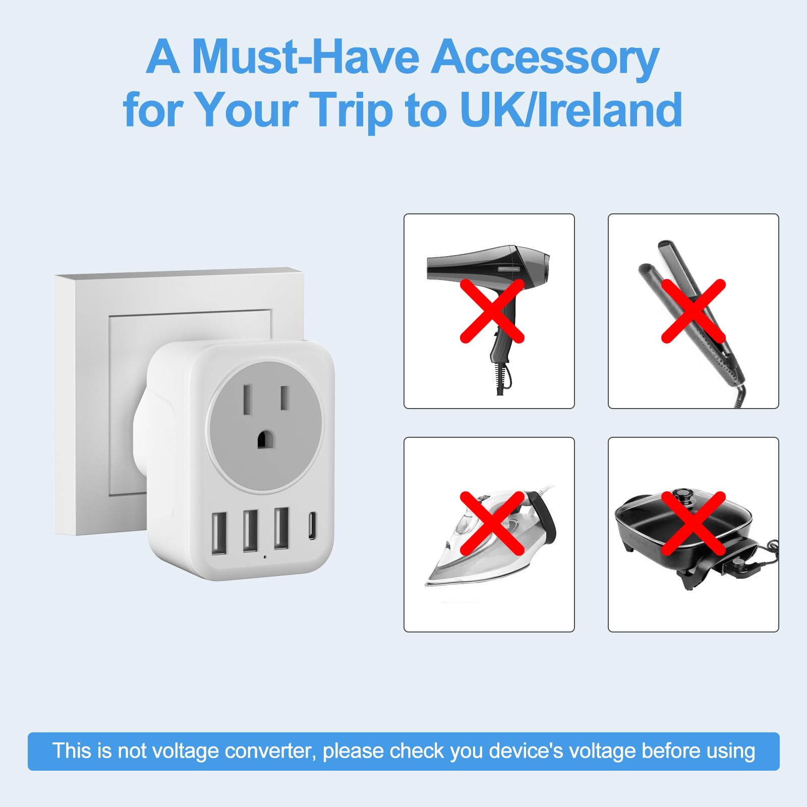 Reiseadapter für Irland Großbritannien, Typ G Netzadapter mit 3 USB-A, 1 USB-C-Ausgangsladegerät für die USA nach Schottland, London, England, Britisch, Irisch,