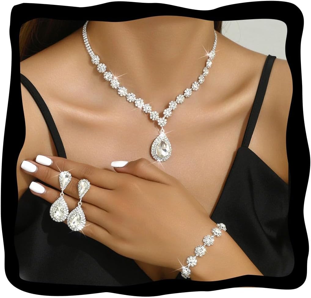 Unicra Silver Wedding Jewelry Set Rhinestone Necklace Earrings Bracelet Sets Prom Formal Costume Jewelry for Women and Brides