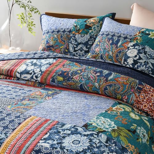 Secgo Queen Comforter Set for Bed - 100% Cotton Quilts Queen Size, Navy, Bohemia Bedspreads (90 * 98 Inch) with 2 Pillow Shams, Patchwork Reversible Lightweight Bedding