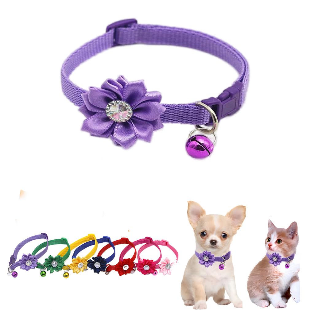 Purple Puppy Collars Wth Bell, Flower Dog Necklace Cat Collars Girls Soft Nylon Adjustable for XXS Xs Small Pet Kitten Dogs Animal Litter Tiny