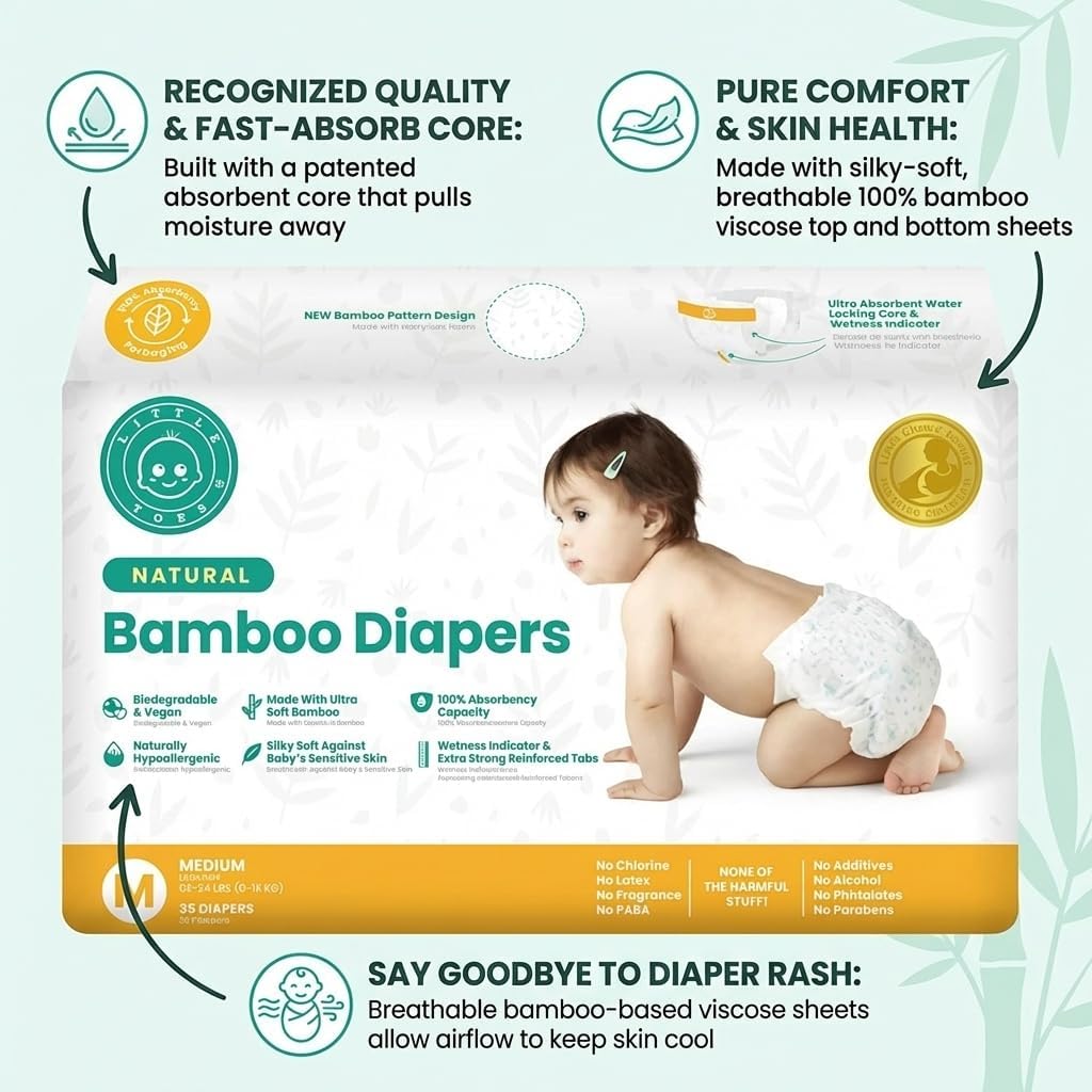 Little Toes Patented Natural Disposable Viscose Diapers ǀ Day and Overnight Diapers ǀ Sustainable ǀ Size 2-3 Medium | 36 Pack