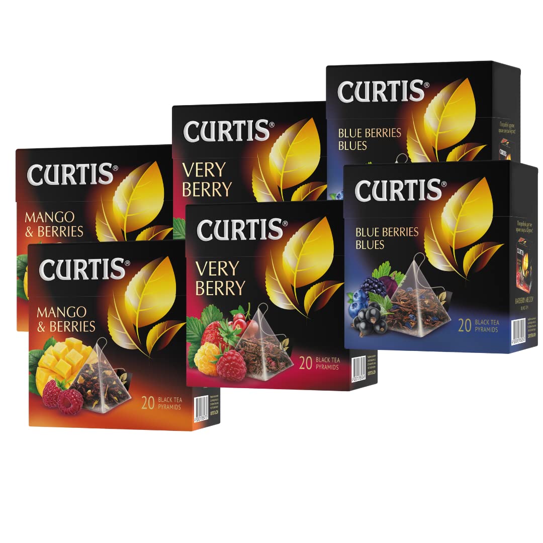 CURTIS Black Tea blended with berries in 20 Pyramid tea bags Pack of 6 (2 x Mango & Berries, 2 x Blue Berries Blues, 2 x Very Berry)